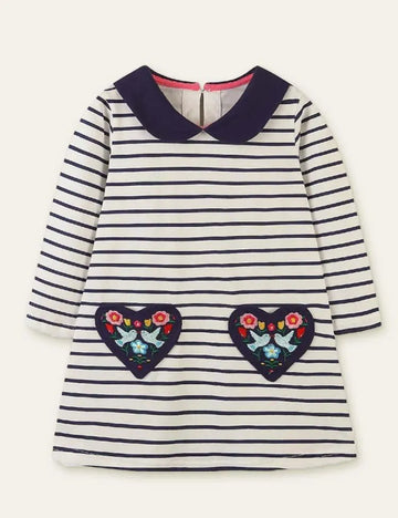 Flower and Bird Embroidered Striped Long-Sleeved Dress - Mini Taylor